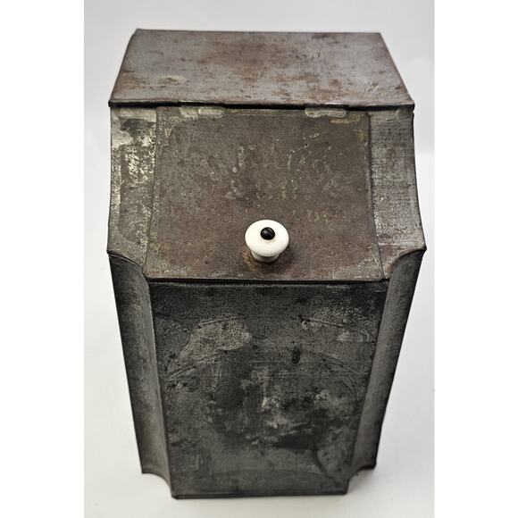 Antique Metal Tin Bin With Hinged Lid & Porcelain/Ceramic Pull 10"Tall - Picture 1 of 7